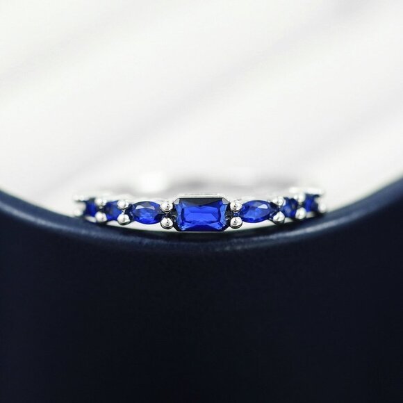 💎Tiny Rectangular Bright Royal Blue Shiny Zircon Trendy Ring for Women,PD685 - Picture 4 of 7